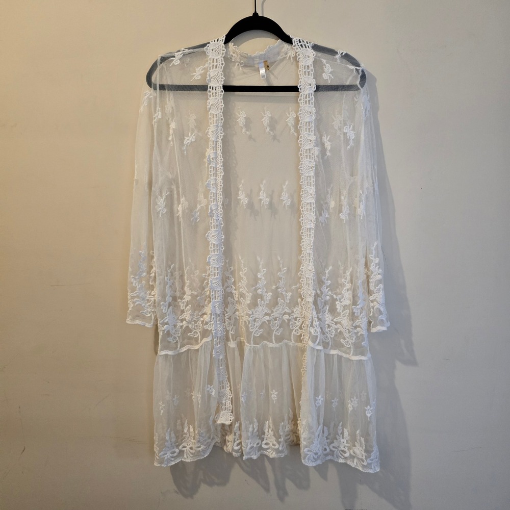 Kaktus Kimono Cardigan Womens Small White Sheer Mesh Floral Lace Crochet Boho